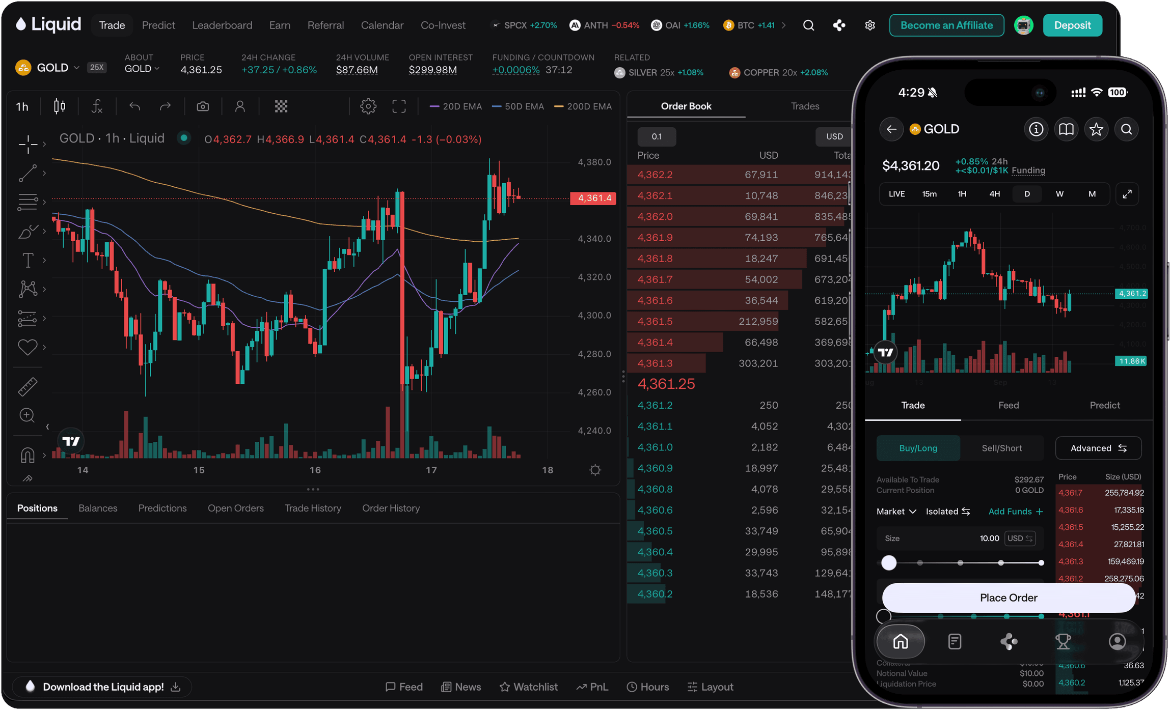 Liquid trading app showing a live candlestick chart with the order ticket beside it