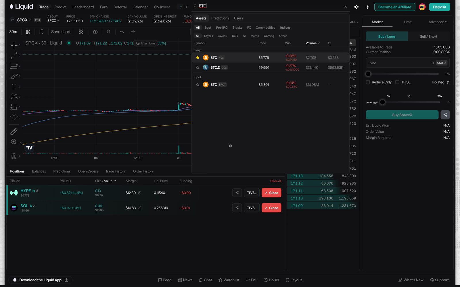 Open the market selector, search for BTC, and select the BTC perpetual result with the 40x maximum-leverage badge. The market loads its chart, order book, and order form.