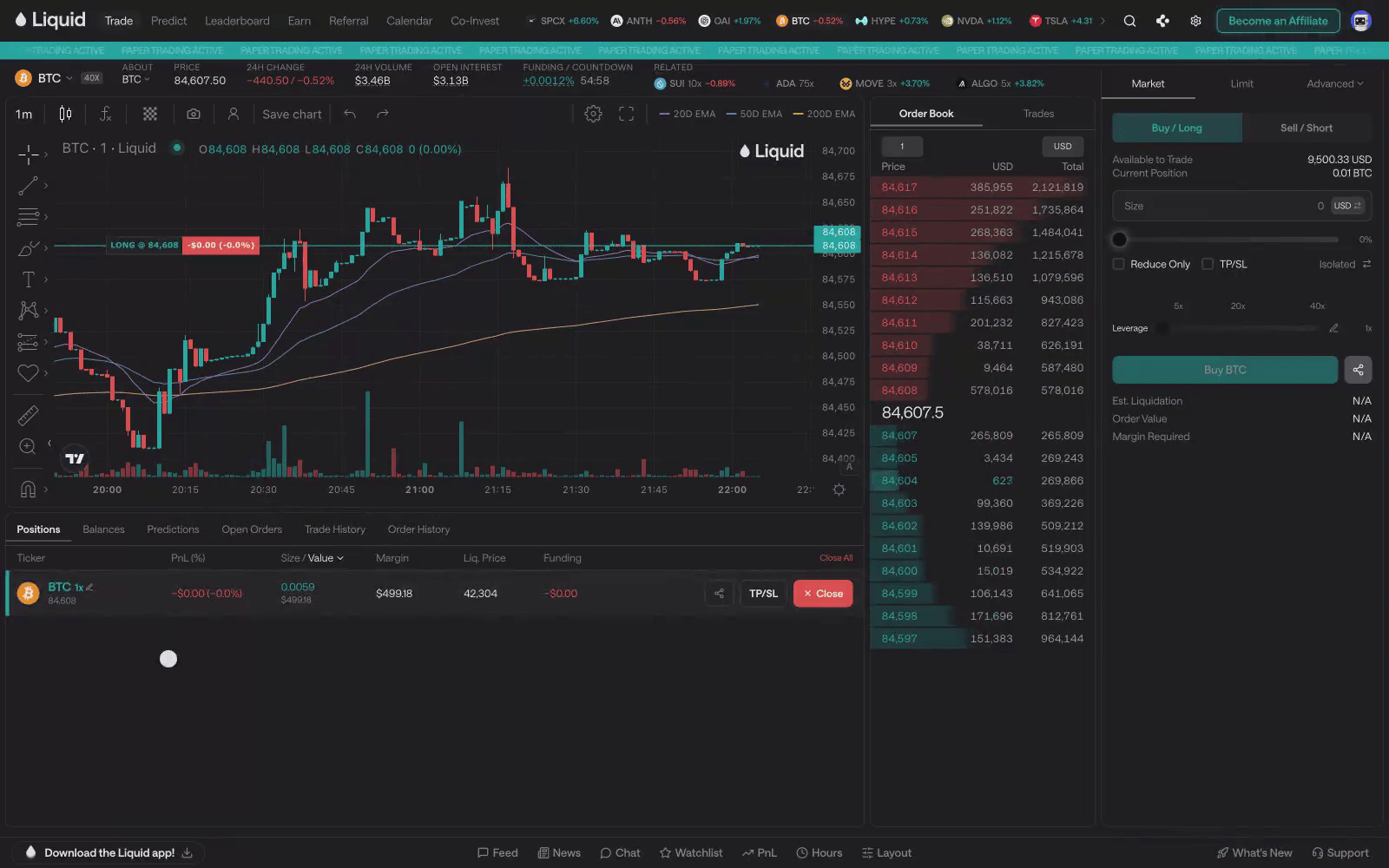 The Liquid trading screen on Bitcoin. The settings icon in the top bar opens a Settings dialog; the Trading tab is selected and the panel scrolls down to a Paper trading mode switch. Flicking it on closes back to the trading screen, where a PAPER TRADING ACTIVE banner now runs across the top and the ticket reads Available to Trade 10,000.00 USD. A size of 500 is typed into the ticket and the Buy BTC button is pressed. The order fills: the chart gains a LONG at 84,608 marker, Available to Trade drops to 9,500.33, and a position row appears showing 0.0059 BTC, 499.18 dollars of margin and a liquidation price of 42,304.