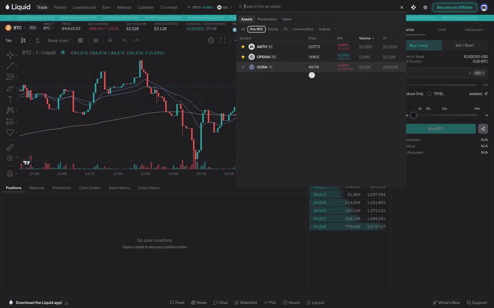 The Liquid market selector opened from the BTC chart header. One table lists every market with its maximum leverage, price, 24-hour change, volume and open interest: BTC at 40x, HYPE at 10x, WTIOIL at 20x, SPCX at 20x, GOLD at 25x, NVDA at 20x, TSLA at 20x, ANTH at 6x, EURUSD at 50x and OPENAI at 6x. A row of category filters reads All, Pre-IPO, Stocks, FX, Commodities and Indices. Selecting Stocks narrows the table to equities such as NVDA and TSLA; selecting Pre-IPO narrows it to companies with no public listing — ANTH at 6x, OPENAI at 6x and OURA at 5x.